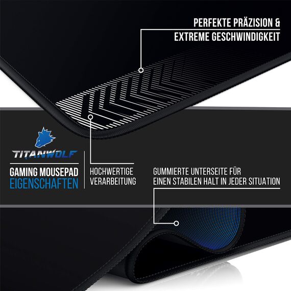 Titanwolf - XXXL Übergröße Mauspad 1500x800mm - XXXL Großformat - Schreibtischauflage - gummierte Rückseite - rutschfest und abwaschbar - Gaming - Präzision und Geschwindigkeit - umlaufende Naht