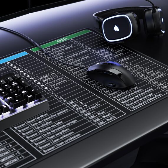 TITANWOLF - XXL Speed Gaming Mauspad 900 x 400mm - Excel Windows Outlook Word Shortcut Tastenkürzel auf DEUTSCH - Schwarz