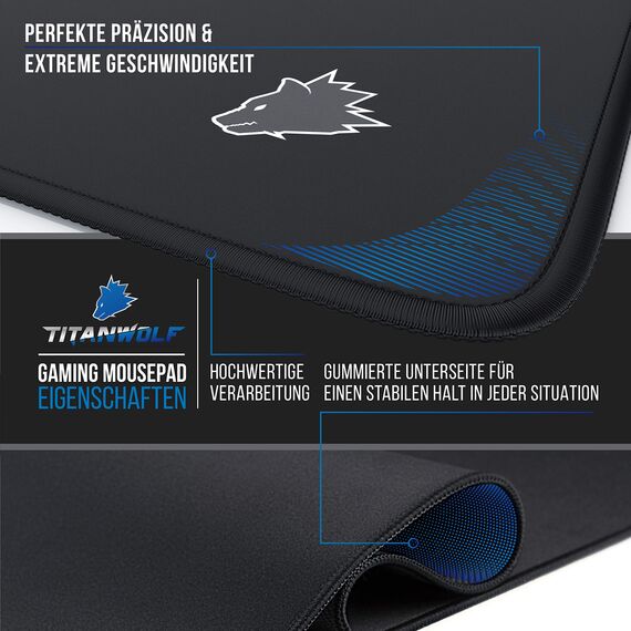 TITANWOLF - XXL Speed Gaming Mauspad Titanwolf Schwarz 900 x 400mm - XXL Mousepad - Tischunterlage Large Size - verbessert Präzision und Geschwindigkeit