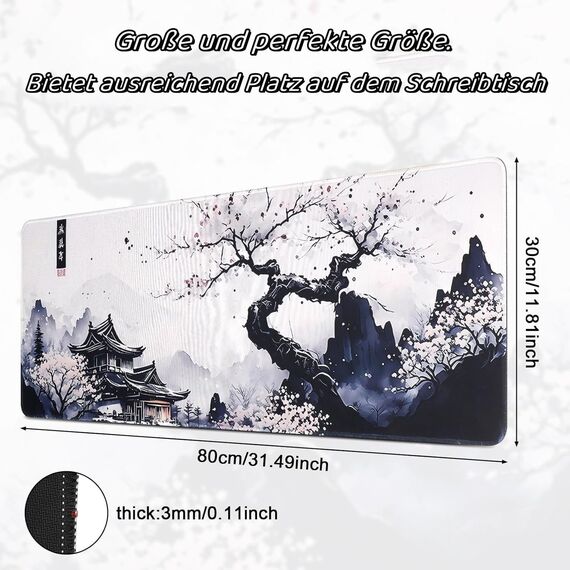 Mis.Moon Japanische Weiße Mauspad, Mauspad XXL 80x30CM Gaming, Große Kirschblüte Schreibtisch Matte, Anime Gaming Tastatur Matte, Großer Erweiterter Schreibtisch Schutz Für Home Office