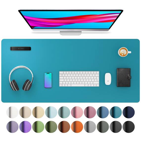 Aothia Schreibtischunterlage,Mauspad mit Leder und Rutchfeste Wildleder,Multifunktionales Office Mousepad Laptop Schreibunterlage,Tisch-Schutz Unterlage für Büro/Home(91cmx43cm, Türkisblau)