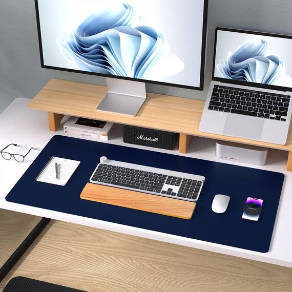 Aothia Schreibtischunterlage,Mauspad mit Leder und Rutchfeste Wildleder,Multifunktionales Office Mousepad Laptop Schreibunterlage,Tisch-Schutz Unterlage für Büro/Home(91cmx43cm,Dunkelblau)