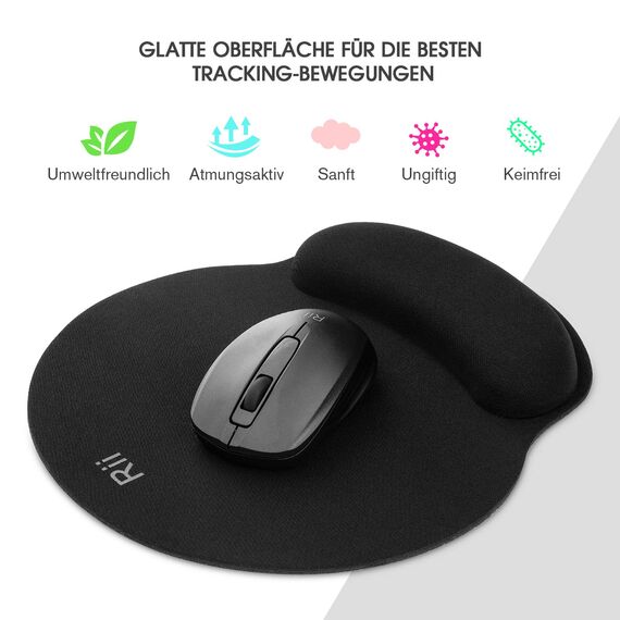 Rii Mauspad mit Gelkissen, 24.8x21x2.3cm, Ergonomisches Mauspad, Mousepad mit Handauflage,Spiele oder Büro, Schwarz