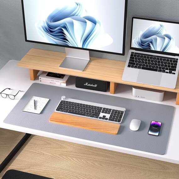 Aothia Schreibtischunterlage,Mauspad mit Leder und Rutchfeste Wildleder,Multifunktionales Office Mousepad Laptop Schreibunterlage,Tisch-Schutz Unterlage für Büro/Home(91x43cm,Hellgrau)
