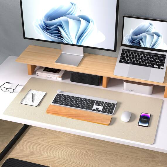 Aothia Schreibtischunterlage,Mauspad mit PU Leder und Rutchfeste Wildleder,Multifunktionales Office Mousepad Laptop Schreibunterlage,Tisch-Schutz Unterlage für Büro/Home-Office (Beige, 80x40cm)