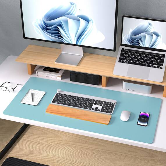 Aothia Schreibtischunterlage,Mauspad mit Leder und Rutchfeste Wildleder,Multifunktionales Office Mousepad Laptop Schreibunterlage,Tischschutz Unterlage für Büro/Home-Office(Topasblau,80x40cm)