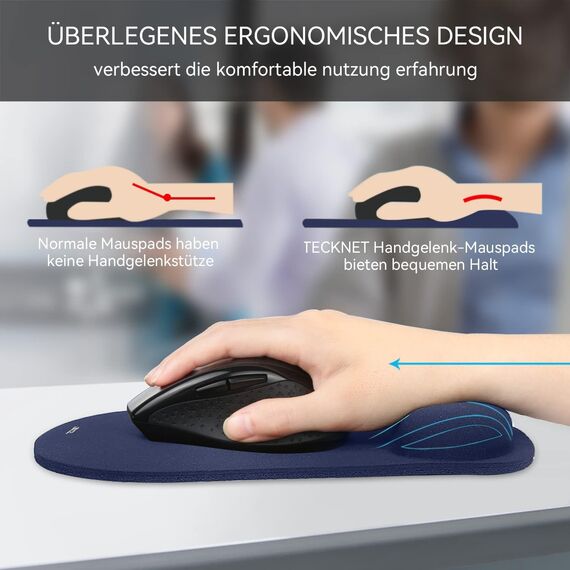 TECKNET Mauspad mit Gelkissen, Memory Foam Mousepad Ergonomisches Wasserdicht Komfort Mausmatte mit Handgelenkpolster Handauflage für Alle Maus Offfice Heim Computer Laptop, Blau