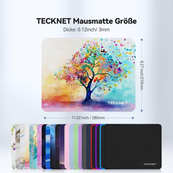 TECKNET Mauspad, 28 x 21 cm Gaming Mousepad mit Wasserdicht und Rutschfester Gummi für PC-Büro, Arbeit, Gaming, Studium, Laptop, Computer, Zuhause-Bunter Baum