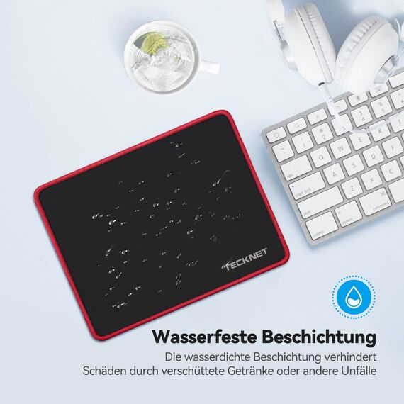 TECKNET Mauspad, 280 x 210 mm Gaming Mousepad mit Wasserdicht und Rutschfester Gummi für PC-Büro, Arbeit, Gaming, Studium, Laptop, Computer, Zuhause-Rot
