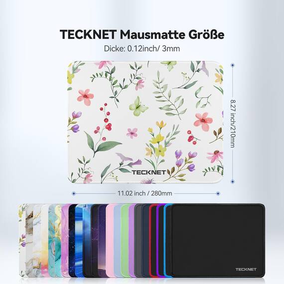 TECKNET Mauspad, 28 x 21 cm Gaming Mousepad mit Wasserdicht und Rutschfester Gummi für PC-Büro, Arbeit, Gaming, Studium, Laptop, Computer, Zuhause-Blumenmuster