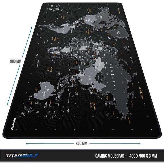 TITANWOLF - DEUTSCHES Layout - Titanwolf XXL Gaming Mauspad 900x400x3 mm - Schreibtischunterlage Gross - XXL Mousepad Gaming und Office - Weltkarte schwarz