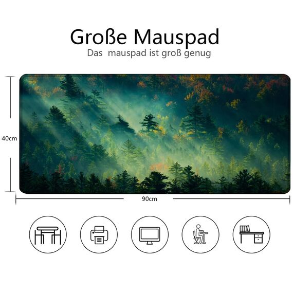 Gaming Mauspad XXL Großes Mousepad mit vernähten Kanten - Wasserdicht und rutschfest - Verbessert Präzision und Geschwindigkeit - Für PC, MacBook(Morgenglanzwald, 400L x 900B mm)
