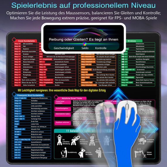 Gaming Mauspad 490 x 420 x 5 mm, Professionelle Mousepad für Esports, wasserdicht Hochpräzises Stoffgewebe rutschfeste Gummibasis mit Office Excel Tastaturkürzeln Drucken für Büro und Zuhause