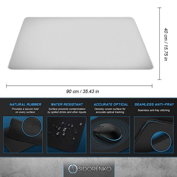 Sidorenko Gaming Mauspad XXL Weiß - Großes Mousepad 900x400 mm - rutschfeste Schreibtischunterlage für Gaming und Büro - Fransenfreie Ränder - Präzises und langlebiges maxlvl Large Mouse pad