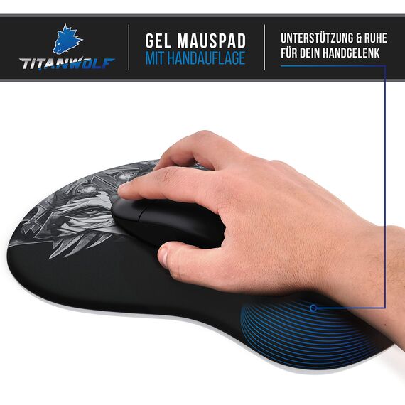 CSL - Mauspad mit Gelkissen - Titanwolf Gaming Handgelenkauflage - Mousepad - Gel Handballenauflage Handauflage Gelpolster ergonomisch - wasserabweisend und abwaschbar - schwarz