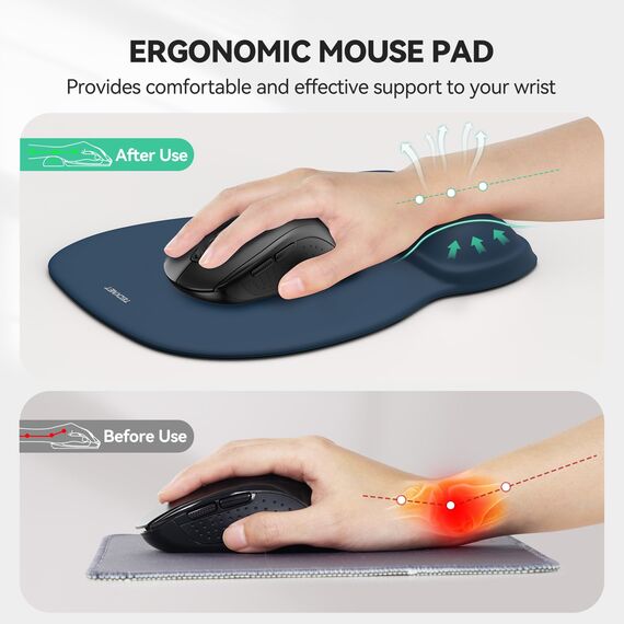 TECKNET Mauspad mit Gel-Handauflage, Ergonomisches Mousepad mit Glatter Handgelenkstütze zur Schmerzlinderung, rutschfeste PU-Basis, Komfort Mauspad für Computer, Laptop, Büro und Gaming