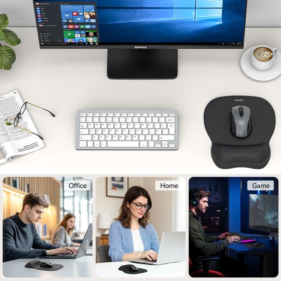 TECKNET Mauspad mit Gel-Handauflage, 2 Stück Ergonomisches Mousepad mit Glatter Handgelenkstütze zur Schmerzlinderung, rutschfeste PU-Basis, Komfort Mauspad für Computer, Laptop, Büro und Gaming