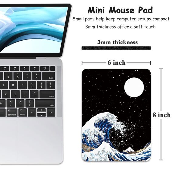 Dapesuom kleines Mauspad, 15,2 x 20,3 cm, mit Rutschfester Gummiunterseite, wasserdichtes Mini-Mauspad für Damen, Herren, kabellose Maus Laptops, Büro, Zuhause, Wellen & Mond