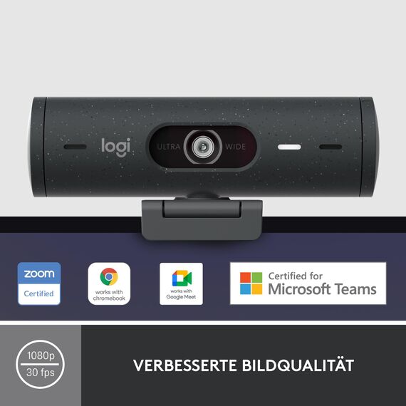 Logitech Brio 500 Full-HD-Webcam mit Auto-Lichtkorrektur, Zeigemodus, Doppelmikrofon + Rauschunterdrückung, Webcam-Abdeckung, für Microsoft Teams, Google Meet, Zoom, USB-C-Kabel - Graphit
