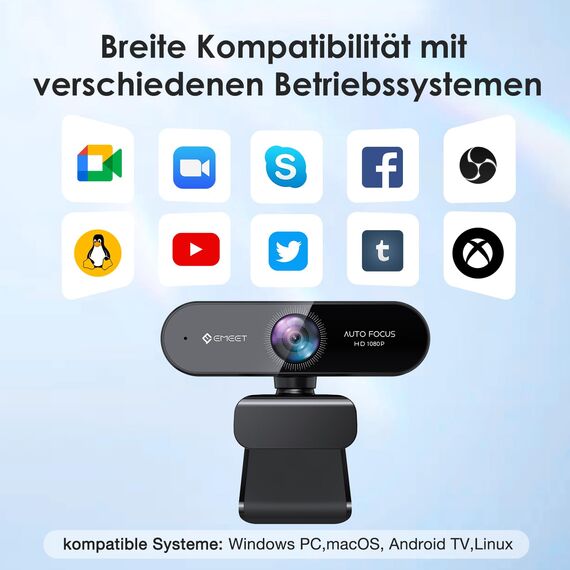 EMEET Webcam 1080P - NOVA Webcam mit Autofokus, Full HD Webcam mit 96° Weitwinkel und 2 Mikrofon mit Rauschunterdrückung, Automatische Lichtkorrektur, für Linux, Mac OS X, Konferenz