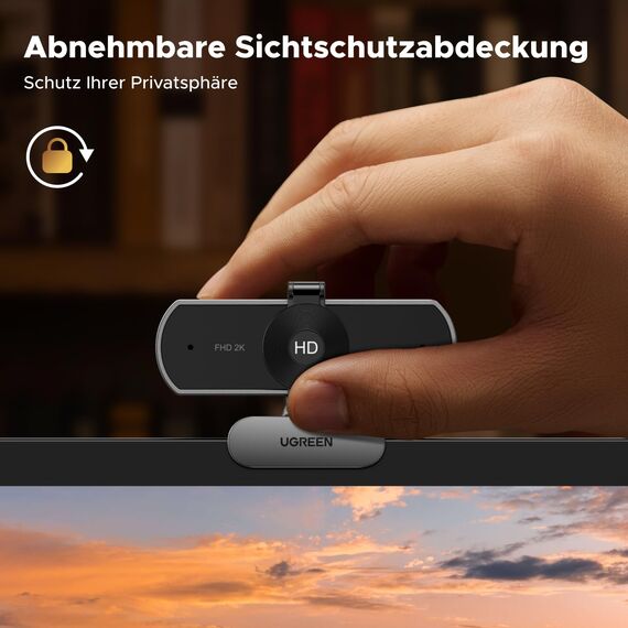 UGREEN Webcam 2K, USB A Webcam mit Mikrofo, Kamera PC, Fixfokus, 95° Sichtfeld, Kamera mit Privacy Cover, Automatische Lichtkorrektur, Plug & Play, PC Camera für Windows/MacOS/Zoom(Silbergrau)