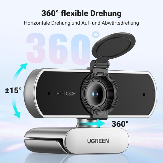 UGREEN FineCam Lite 1080P Webcam Full HD 1080P/30fps USB A Webcam mit Mikrofon für PC, automatische Lichtkorrektur, 90° Ansicht, USB Webcam für Live Streaming, Konferenzen Switch 2 (Silbergrau)
