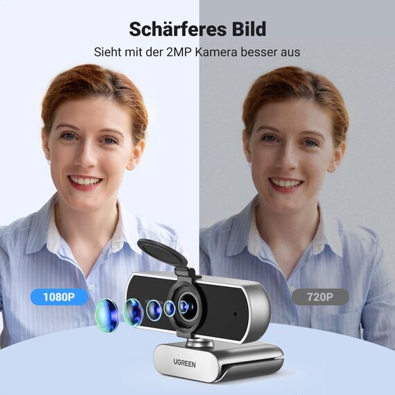UGREEN FineCam Lite 1080P Webcam Full HD 1080P/30fps USB A Webcam mit Mikrofon für PC, automatische Lichtkorrektur, 90° Ansicht, USB Webcam für Live Streaming, Konferenzen Switch 2 (Silbergrau)