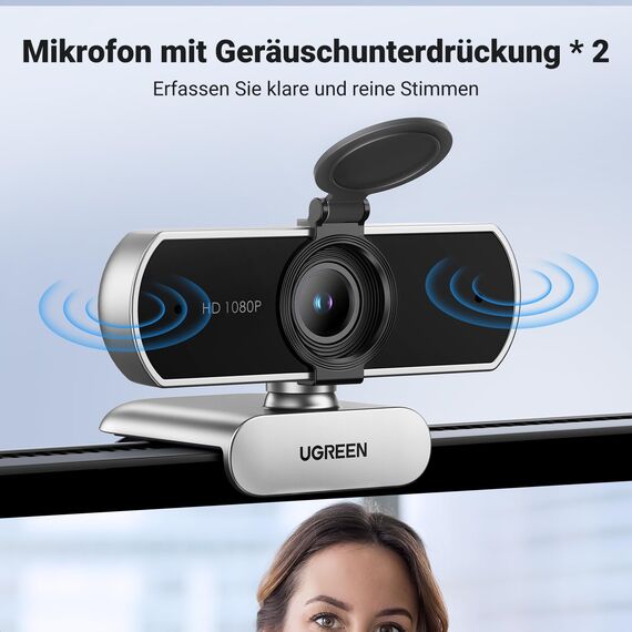 UGREEN FineCam Lite 1080P Webcam Full HD 1080P/30fps USB A Webcam mit Mikrofon für PC, automatische Lichtkorrektur, 90° Ansicht, USB Webcam für Live Streaming, Konferenzen Switch 2 (Silbergrau)