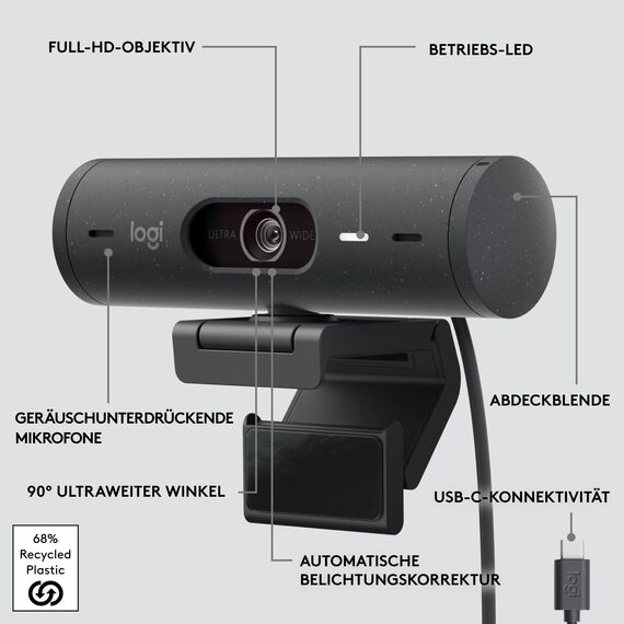 Logitech Brio 500 Full-HD-Webcam mit Auto-Lichtkorrektur, Zeigemodus, Doppelmikrofon + Rauschunterdrückung, Webcam-Abdeckung, für Microsoft Teams, Google Meet, Zoom, USB-C-Kabel - Graphit