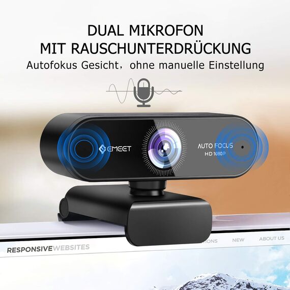 EMEET Webcam 1080P - NOVA Webcam mit Autofokus, Full HD Webcam mit 96° Weitwinkel und 2 Mikrofon mit Rauschunterdrückung, Automatische Lichtkorrektur, für Linux, Mac OS X, Konferenz (Packung mit 2)