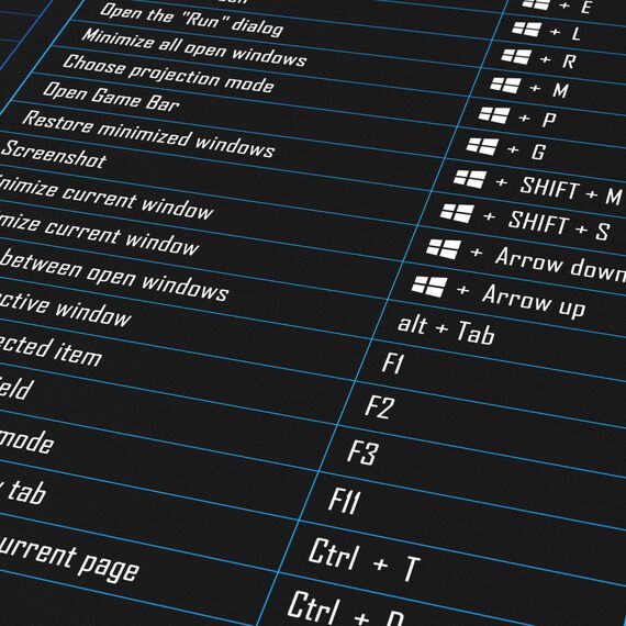 TITANWOLF - XXL Speed Gaming Mauspad 1200 x 600mm - Excel Windows Outlook Word Shortcut Tastenkürzel auf ENGLISCH - Schwarz