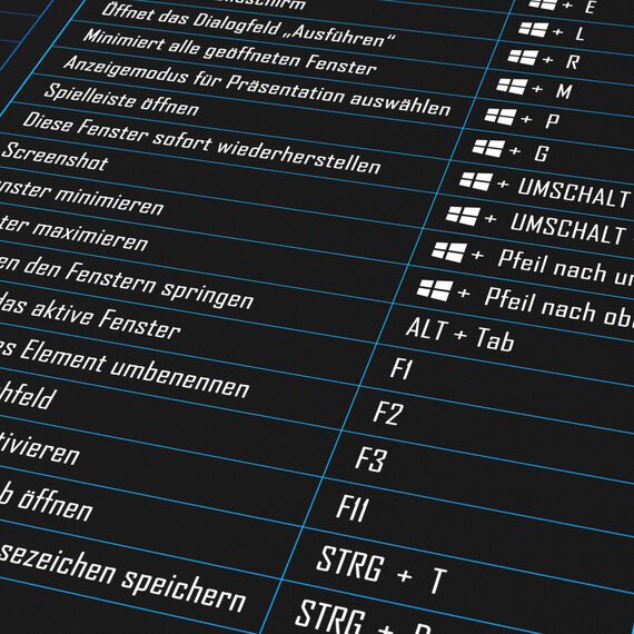 TITANWOLF - XXL Speed Gaming Mauspad 1200 x 600mm - Excel Windows Outlook Word Shortcut Tastenkürzel auf DEUTSCH - Schwarz