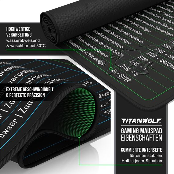 TITANWOLF - XXL Speed Gaming Mauspad 1200 x 600mm - Excel Windows Outlook Word Shortcut Tastenkürzel auf DEUTSCH - Schwarz