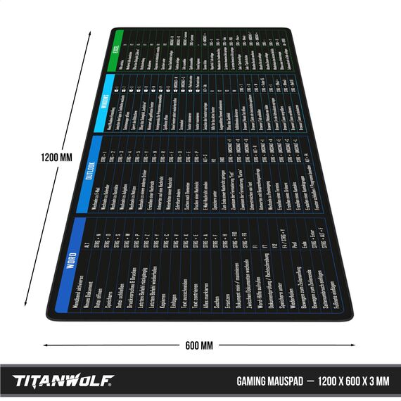TITANWOLF - XXL Speed Gaming Mauspad 1200 x 600mm - Excel Windows Outlook Word Shortcut Tastenkürzel auf DEUTSCH - Schwarz