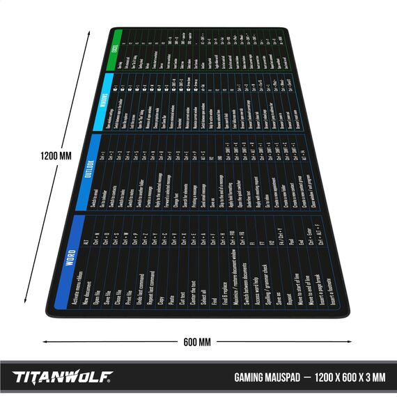 TITANWOLF - XXL Speed Gaming Mauspad 1200 x 600mm - Excel Windows Outlook Word Shortcut Tastenkürzel auf ENGLISCH - Schwarz