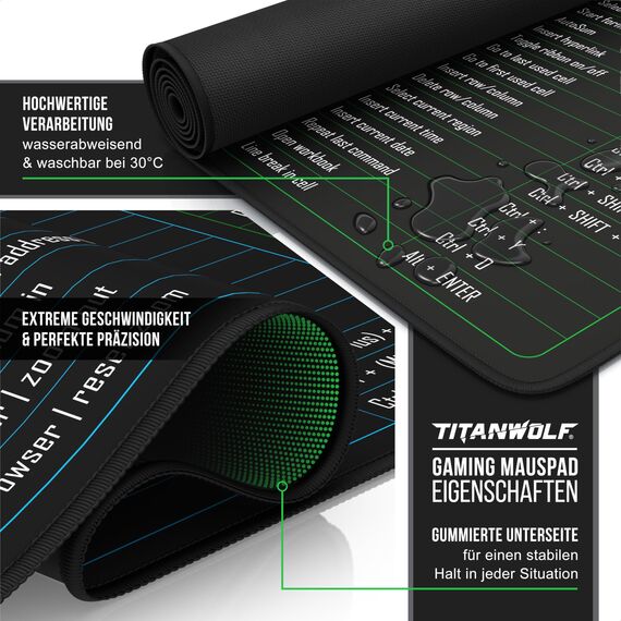 TITANWOLF - XXL Speed Gaming Mauspad 1200 x 600mm - Excel Windows Outlook Word Shortcut Tastenkürzel auf ENGLISCH - Schwarz
