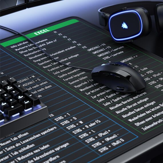 TITANWOLF - XXL Speed Gaming Mauspad 1200 x 600mm - Excel Windows Outlook Word Shortcut Tastenkürzel auf DEUTSCH - Schwarz