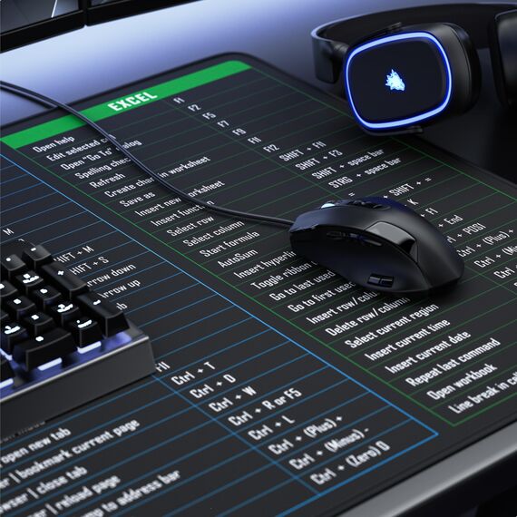 TITANWOLF - XXL Speed Gaming Mauspad 1200 x 600mm - Excel Windows Outlook Word Shortcut Tastenkürzel auf ENGLISCH - Schwarz