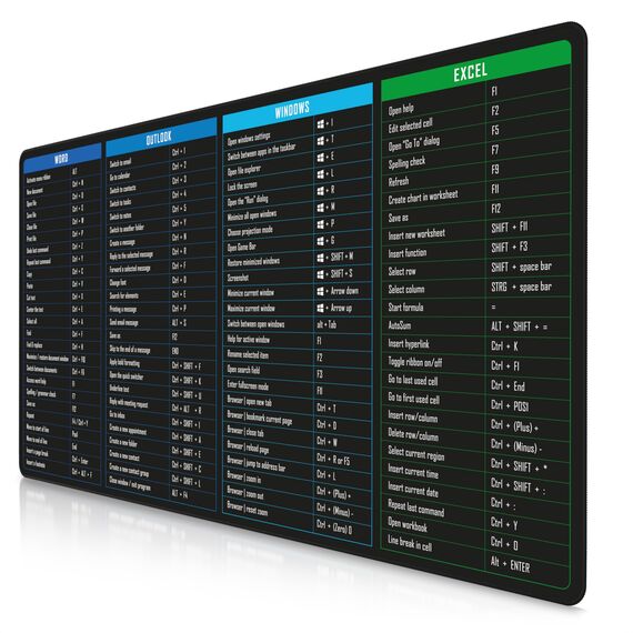 TITANWOLF - XXL Speed Gaming Mauspad 1200 x 600mm - Excel Windows Outlook Word Shortcut Tastenkürzel auf ENGLISCH - Schwarz