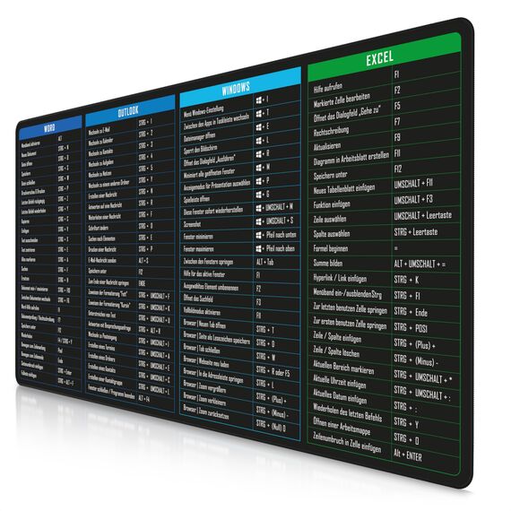 TITANWOLF - XXL Speed Gaming Mauspad 1200 x 600mm - Excel Windows Outlook Word Shortcut Tastenkürzel auf DEUTSCH - Schwarz