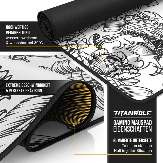 Titanwolf - XXXL Übergröße Mauspad 1200x600mm, Gaming Mousepad Groß 120x60 cm Tischunterlage Large Size verbessert Präzision und Geschwindigkeit XXXL für Logitech Maus und Tastatur, Koi Tattoo 2