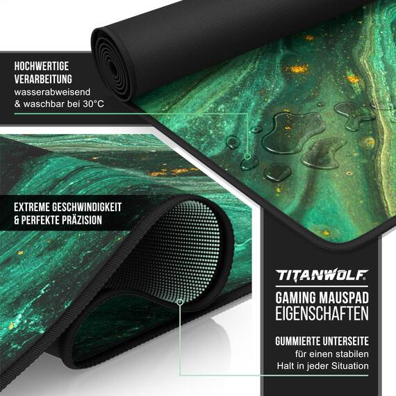 Titanwolf - XXXL Übergröße Mauspad 1200x600mm, Gaming Mousepad Groß 120x60 cm Tischunterlage Large Size verbessert Präzision und Geschwindigkeit XXXL für Logitech Maus und Tastatur, Marmor Grün Gold