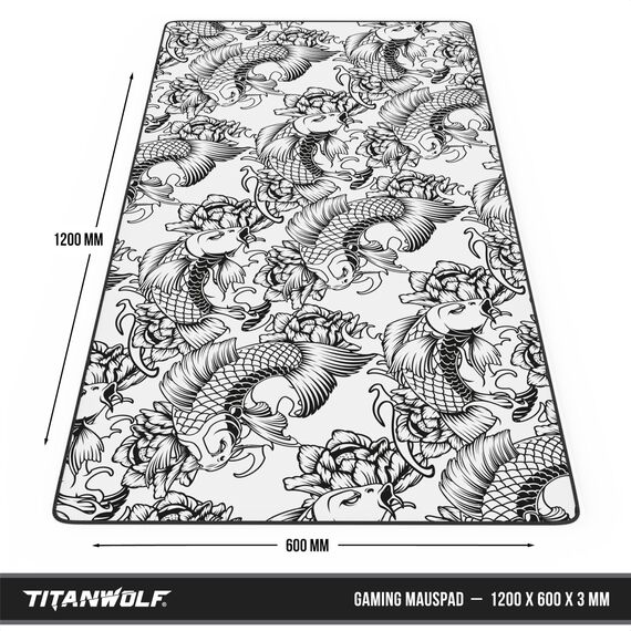 Titanwolf - XXXL Übergröße Mauspad 1200x600mm, Gaming Mousepad Groß 120x60 cm Tischunterlage Large Size verbessert Präzision und Geschwindigkeit XXXL für Logitech Maus und Tastatur, Koi Tattoo 2