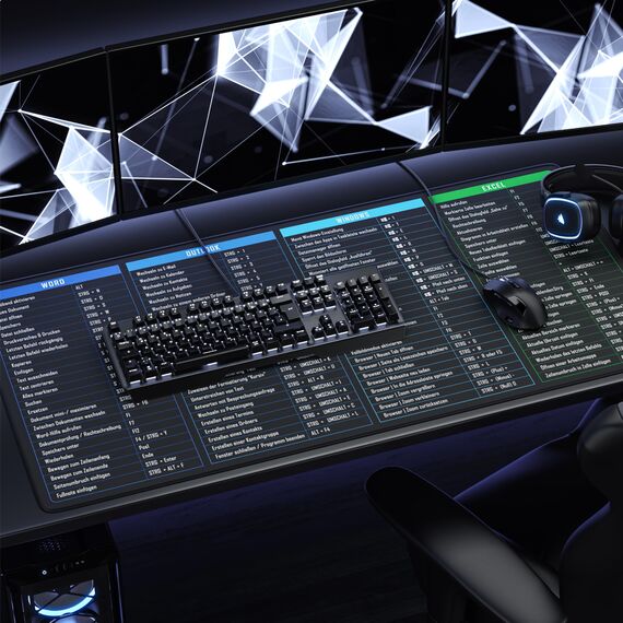 TITANWOLF - XXL Speed Gaming Mauspad 1200 x 600mm - Excel Windows Outlook Word Shortcut Tastenkürzel auf DEUTSCH - Schwarz