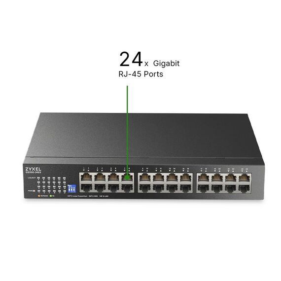 Zyxel 24-Port Netzwerk Switch | Unmanaged Gigabit Ethernet Switch | 24x GbE Ports | Umschaltbarer DIP | Lüfterlos | Wand und Rack-Montagesätze im Lieferumfang Enthalten | GS1100-24ES
