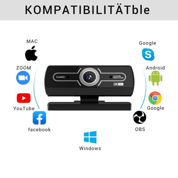 Diccik Webcam 2K, USB A Webcam mit Mikrofo, Kamera PC, Rauschunterdrückung Automatische Fixfokus für Live Streaming, Videoanrufe, Konferenzen, Spiel, PC/Mac/Notebook/MacBook