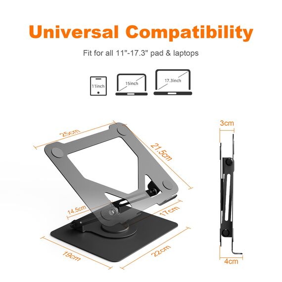 Laptop Ständer Höhenverstellbar, GRIFEMA GB1050 Faltbarer Laptopständer mit 360° Drehbarer Basis, Ergonomisch & Belüftet – Kompatibel mit MacBook Air/Pro, Dell und 11-17 Zoll Notebooks – Schwarz