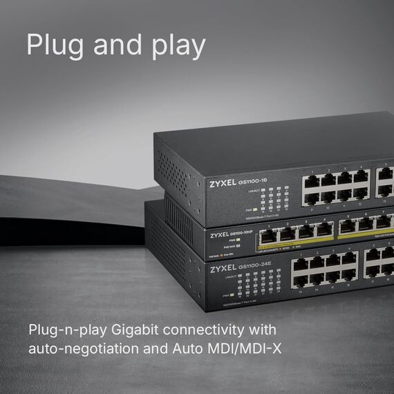Zyxel 16 Port Netzwerk Switch | Unmanaged Gigabit Ethernet Splitter | 16x GbE Ports | Lüfterlos | Plug and Play Installation | Wand- und Rack-Montagesätze im Lieferumfang enthalten | GS1100-16v3