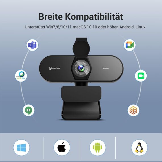 N newline 4k Webcam mit 2 Mikros & Metall Stativ, 1080p@60FPS, PDAF Autofokus in 1 Sekunde, Klar Stereo-Sound, Lichtkorrektur, USB Kamera PC für Videokonferenz Windows MacOS Zoom Teams