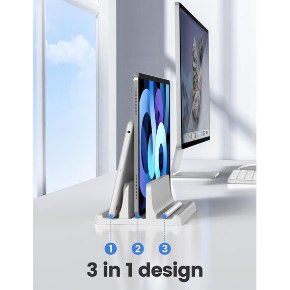 VAYDEER Vertikaler Laptop Ständer Laptopständer Platzsparender 3in1 Vertical Stander zum Vertikalen Positionieren Kompatibel für MacBook Air, MacBook Pro, iPad, Tablets Notebook bis 17,3" Weiß